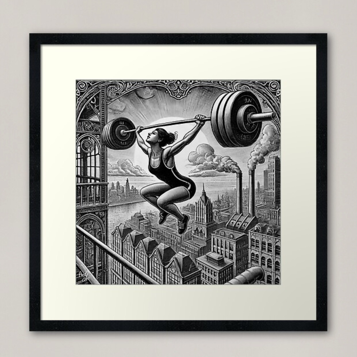 Framed print titled "A Weight Lifting - Dream Journal Series," featuring a female athlete lifting weights high above a detailed industrial cityscape with ornate architecture and smoke from factories in the background. Black-and-white artwork with a surreal atmosphere.
