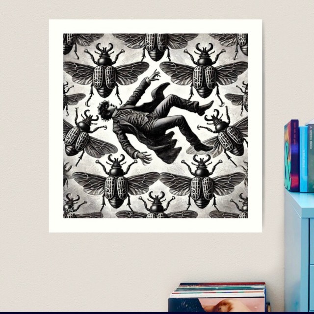 Black-and-white artwork titled "Bug Drop" by Andy Marshall featuring a man falling surrounded by steampunk-style beetles, available as a signed print.