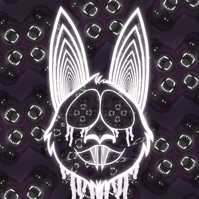 Hypno Bat Howler digital artwork by Andy C Marshall, featuring a glowing white bat with hypnotic ears and dripping textures over a dark purple howler monkey wallpaper. Created in Procreate and available as a limited edition NFT on Zero One Marketplace