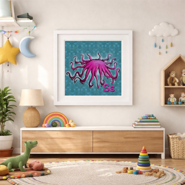 Wall art mock-up in a kids room of my S is for Sunflower Sea Star taken from my kids book Uncommon Animals of the Alphabet
