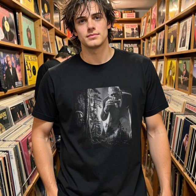 Black t shirt featuring The Forest Harp artwork from My Visual Dream Journal Day 194 by Australian artist Andy Marshall.